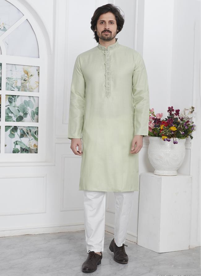 Linen Cotton Pista Green Traditional Wear Thread Work Kurta Pajama